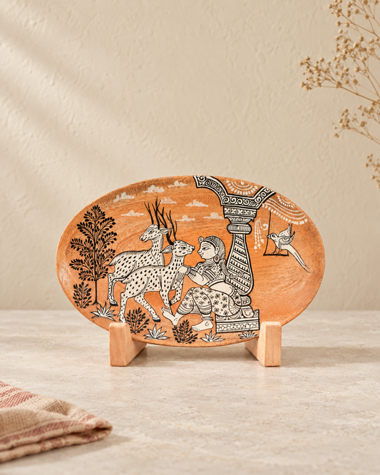 Seated Woman with Deer Under a Pillared Canopy | Pattachitra painting plate