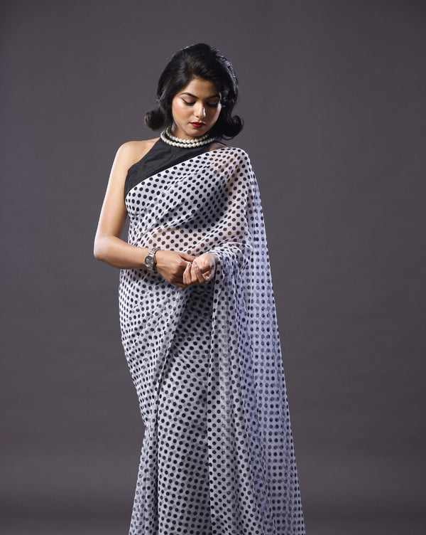 Black Polka Dot Georgette Saree, Block Print