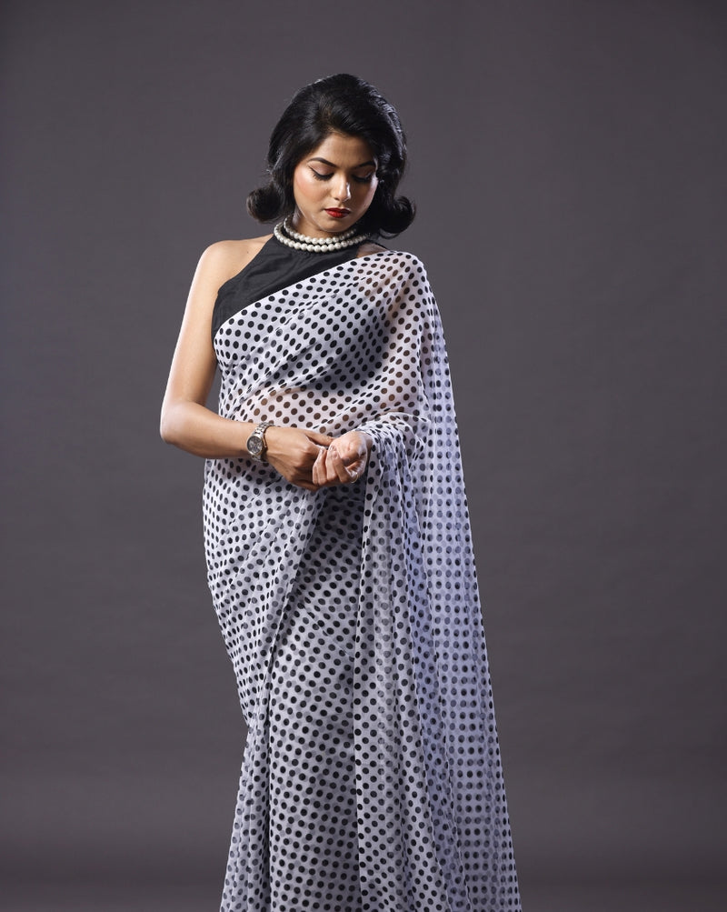 Black Polka Dot Georgette Saree, Block Print