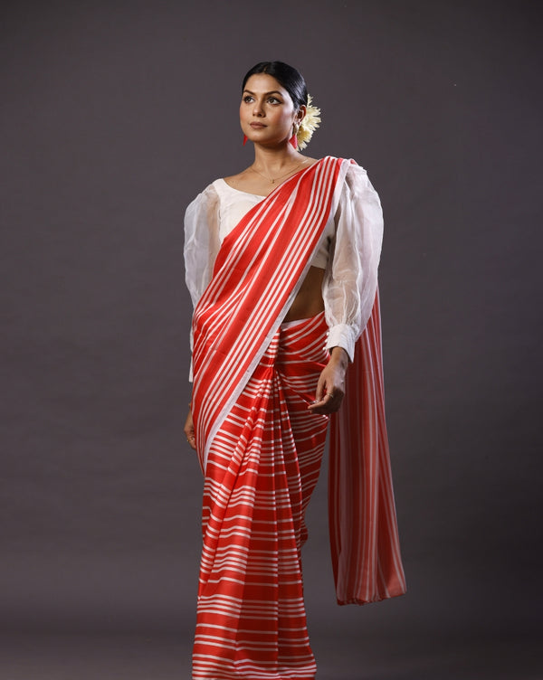 Red and White Satin Georgette Saree, Classic Dye
