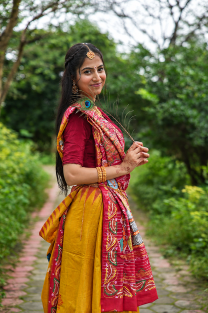Mustard Gold & Crimson Hand-Painted Tussar Silk Saree