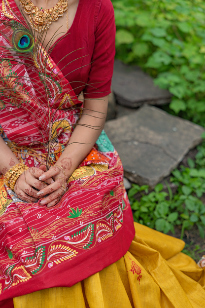 Mustard Gold & Crimson Hand-Painted Tussar Silk Saree