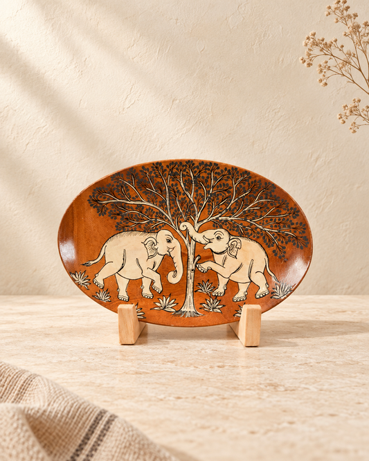 Twin Elephants Facing a Central Tree | Pattachitra painting plates
