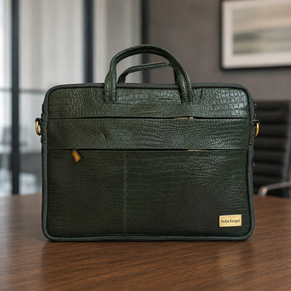 Green Crocodile-Texture Leather Laptop Bag