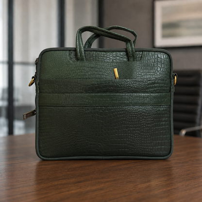Green Crocodile-Texture Leather Laptop Bag