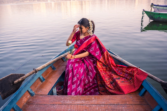 Khandua Silk Saree Purple - Hand woven - Atulyakarigari