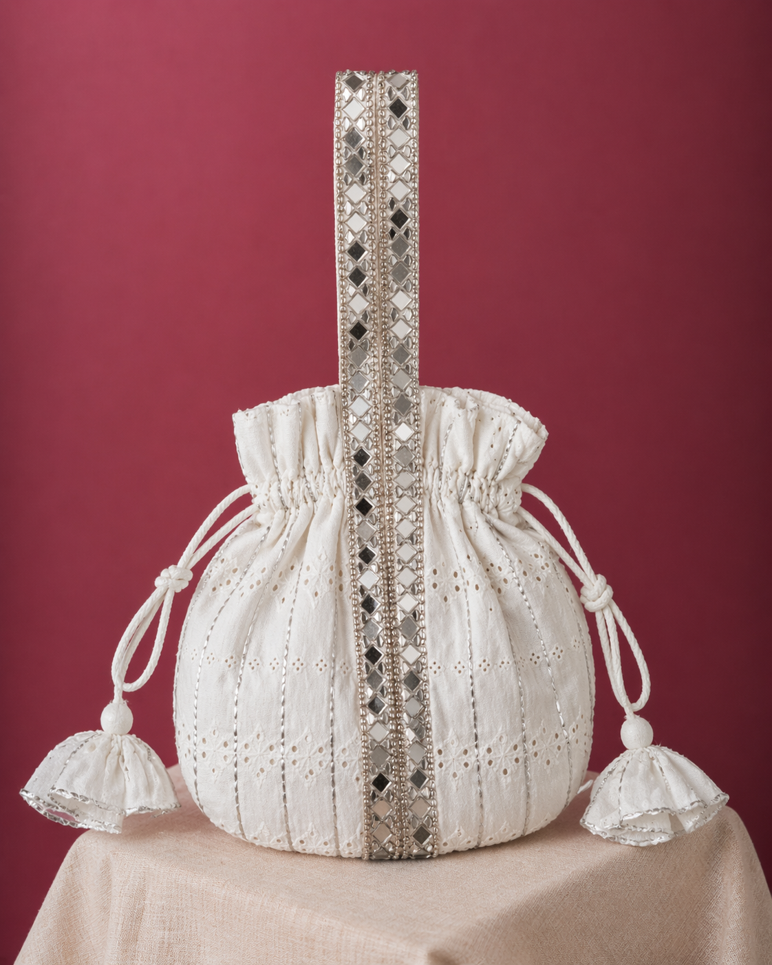 Elegant White Chikankari Cotton Potli Bag with Hand Embroidery for Festive & Ethnic Wear