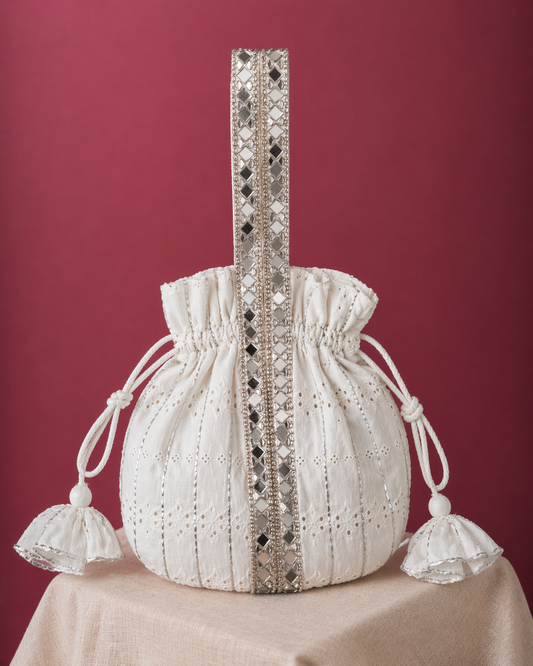 Elegant White Chikankari Cotton Potli Bag with Hand Embroidery for Festive & Ethnic Wear