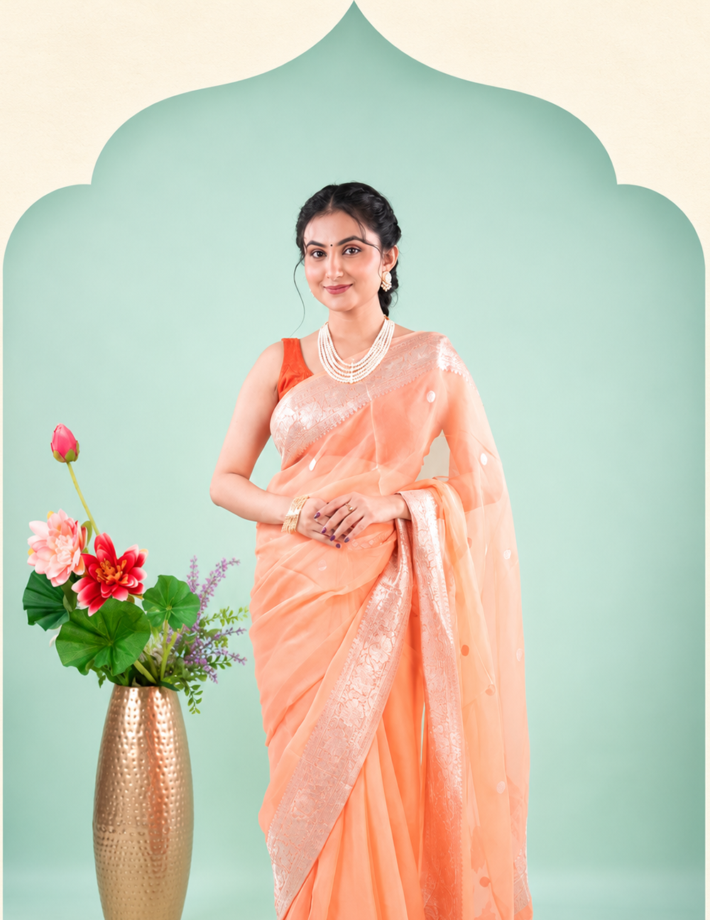 Peach Silver Zari Chiffon Saree