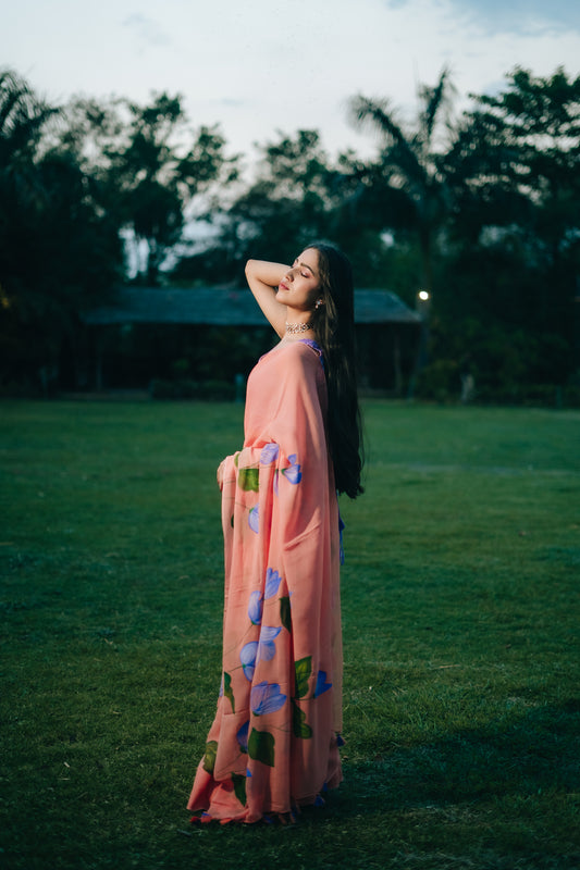 Peach Georgette saree hand painted - Atulyakarigari