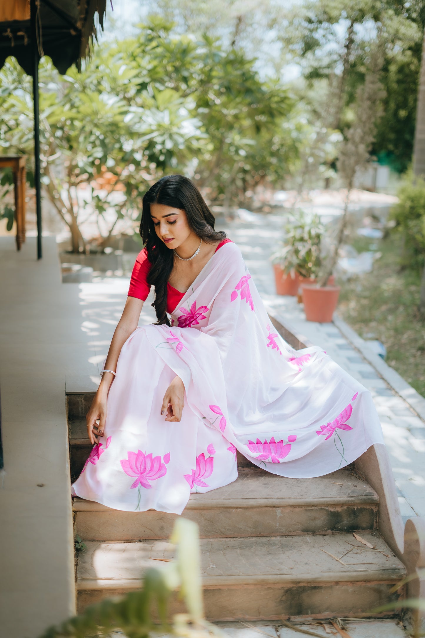 Pink Georgette saree hand painted