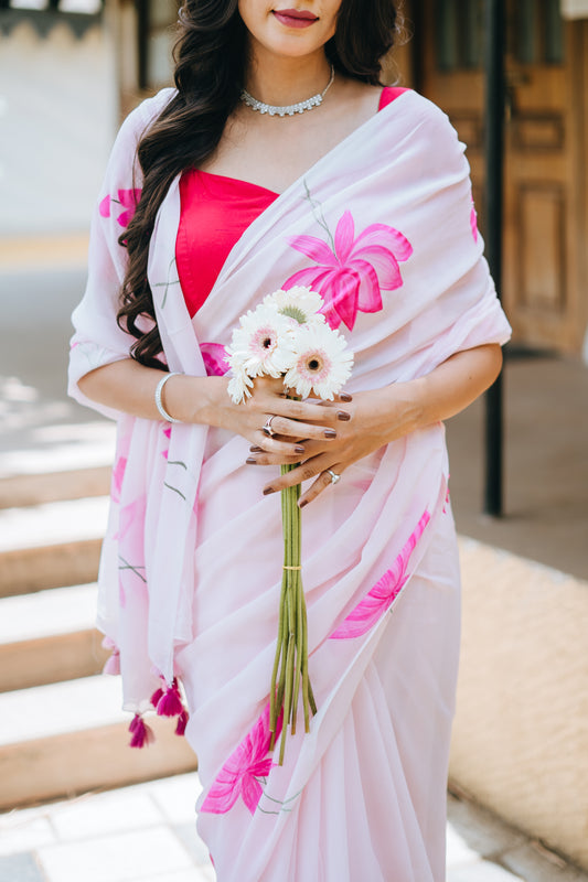 Pink Georgette saree hand painted - Atulyakarigari
