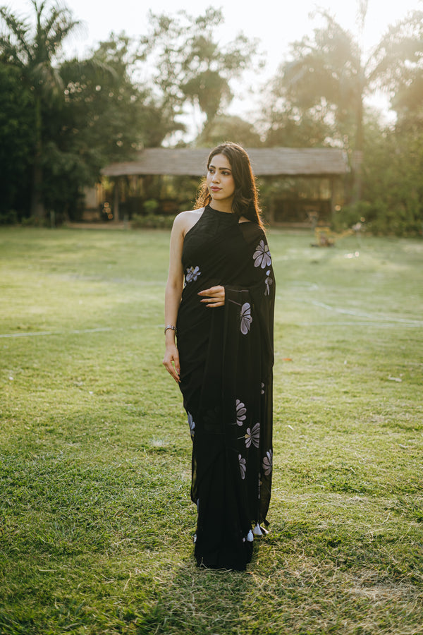 Black Georgette saree hand painted - Atulyakarigari
