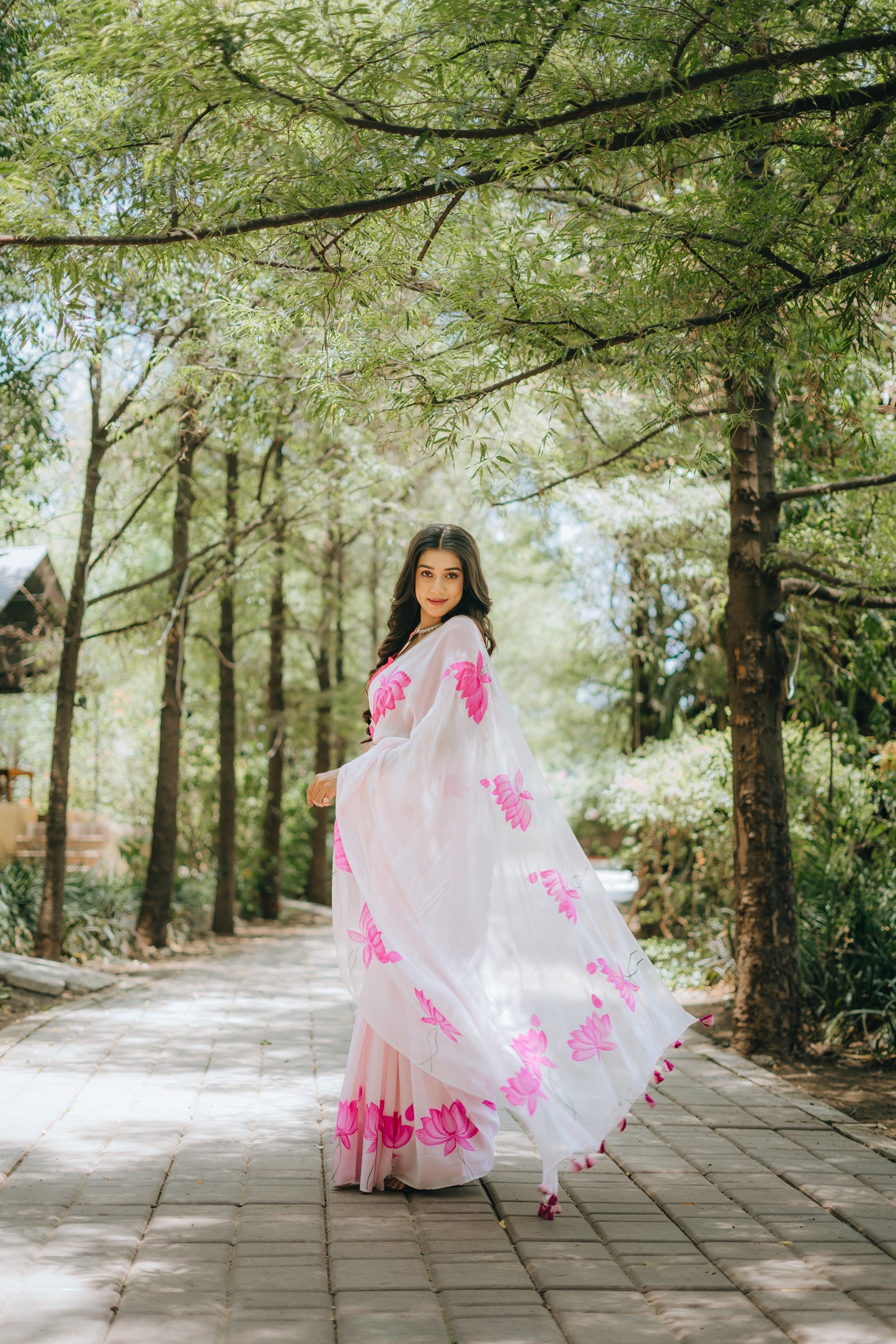 Pink Georgette saree hand painted