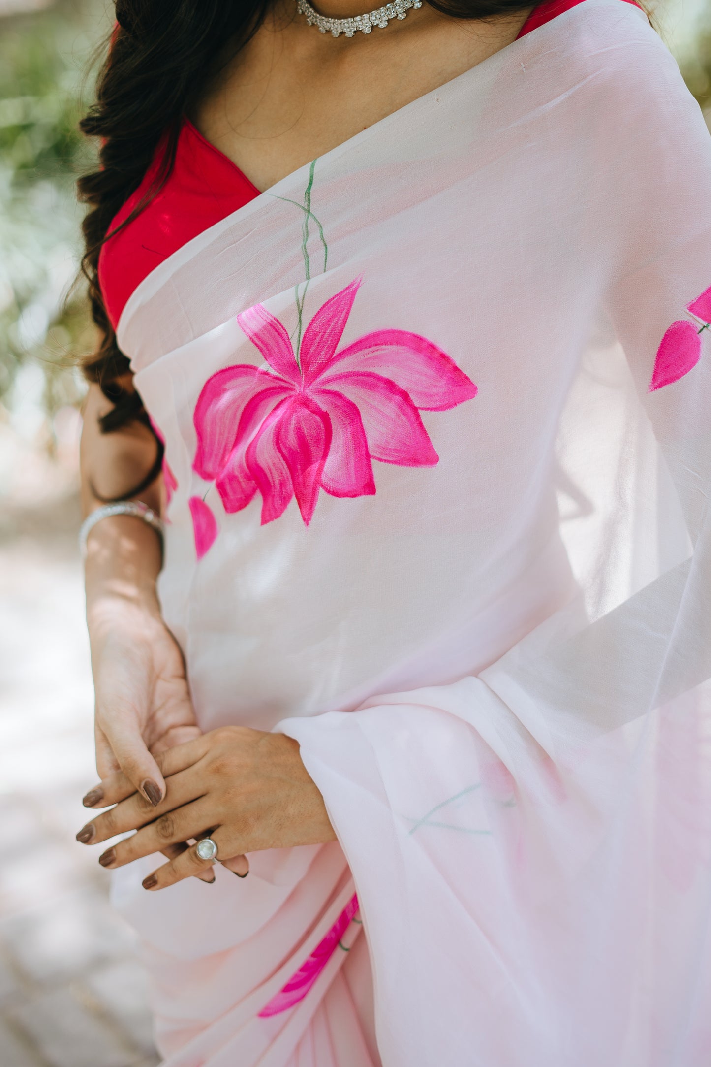 Pink Georgette saree hand painted
