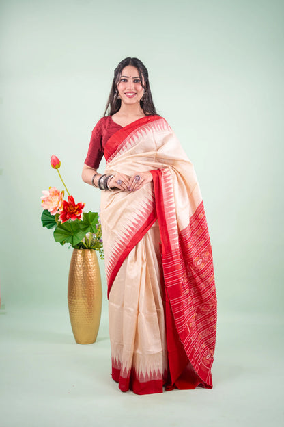 Beige Crimson Temple Border Tussar Saree image 1
