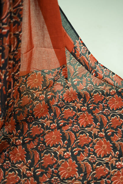 Black Botanical Vine Mul Mul Cotton Saree
