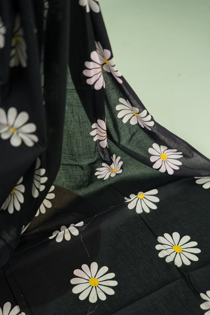 Black Daisy Floral Mul Mul Cotton Saree
