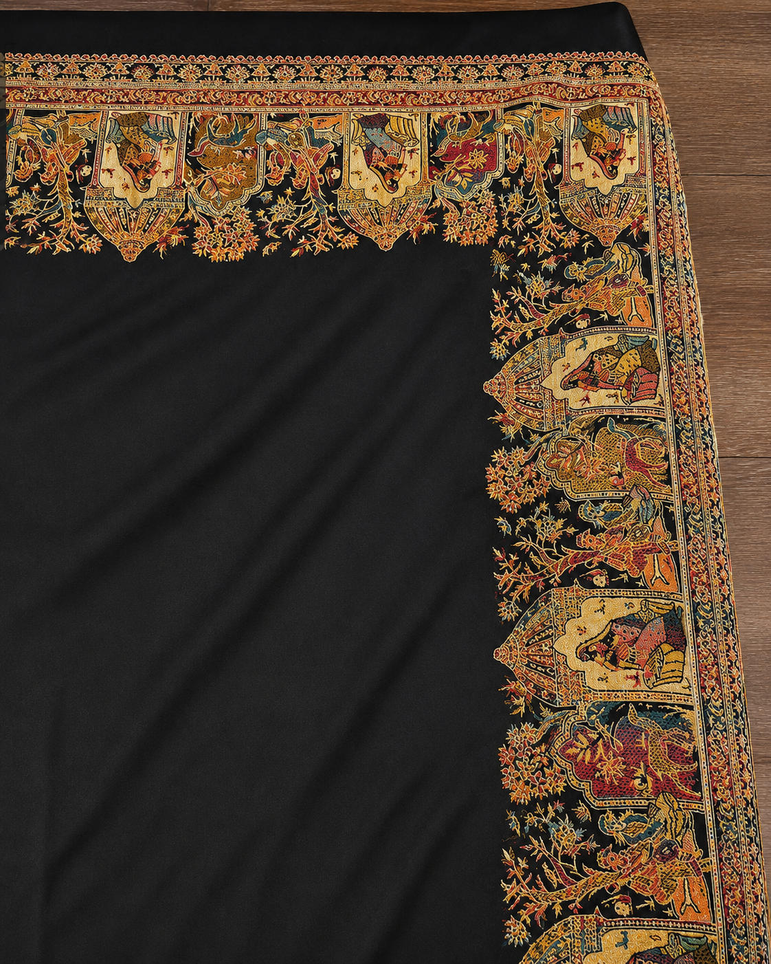 Black Pure Pashmina Shawl with Intricate Kashmiri Border Weaving