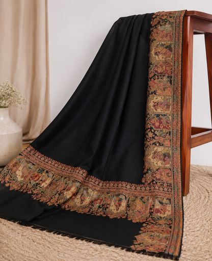 Black Pure Pashmina Shawl with Intricate Kashmiri Border Weaving