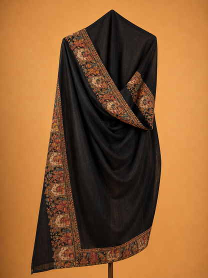 Black Pure Pashmina Shawl with Intricate Kashmiri Border Weaving