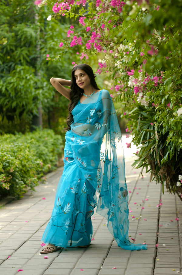 Blue Organza saree hand painted - Atulyakarigari