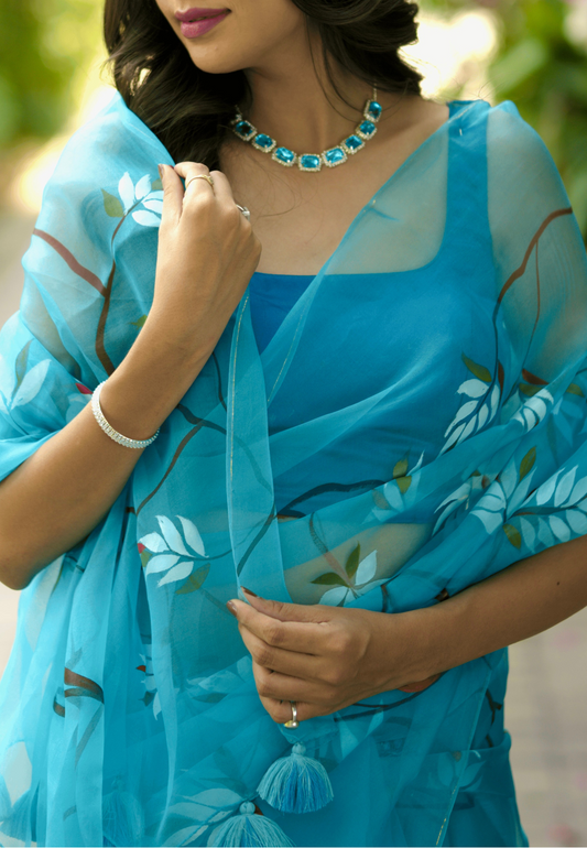 Blue Organza saree hand painted - Atulyakarigari