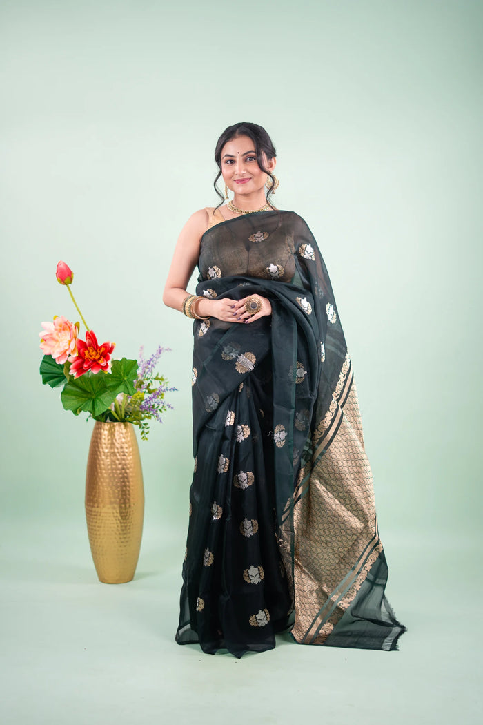Bottle Green Banarasi Silk Saree - Bird Floral Motifs