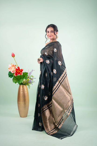 Bottle Green Banarasi Silk Saree - Bird Floral Motifs - image 2