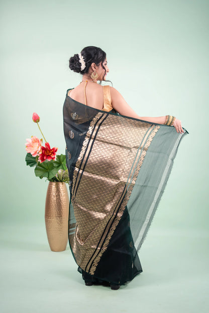 Bottle Green Banarasi Silk Saree - Bird Floral Motifs - image 4