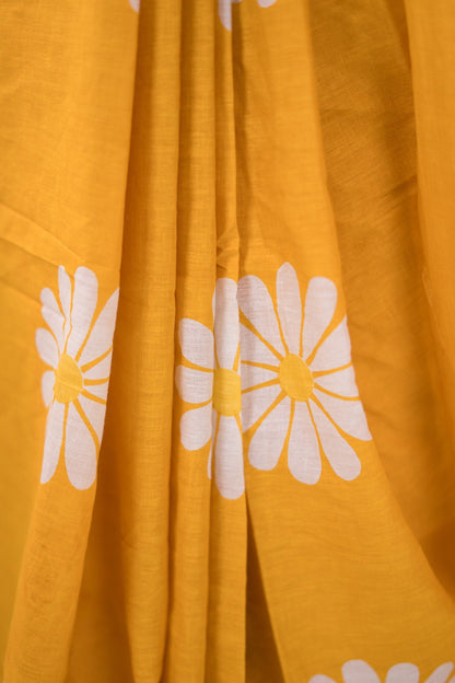 Bright Yellow Daisy Mul Mul Cotton Saree