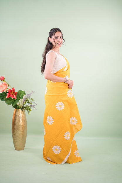 Bright Yellow Daisy Mul Mul Cotton Saree