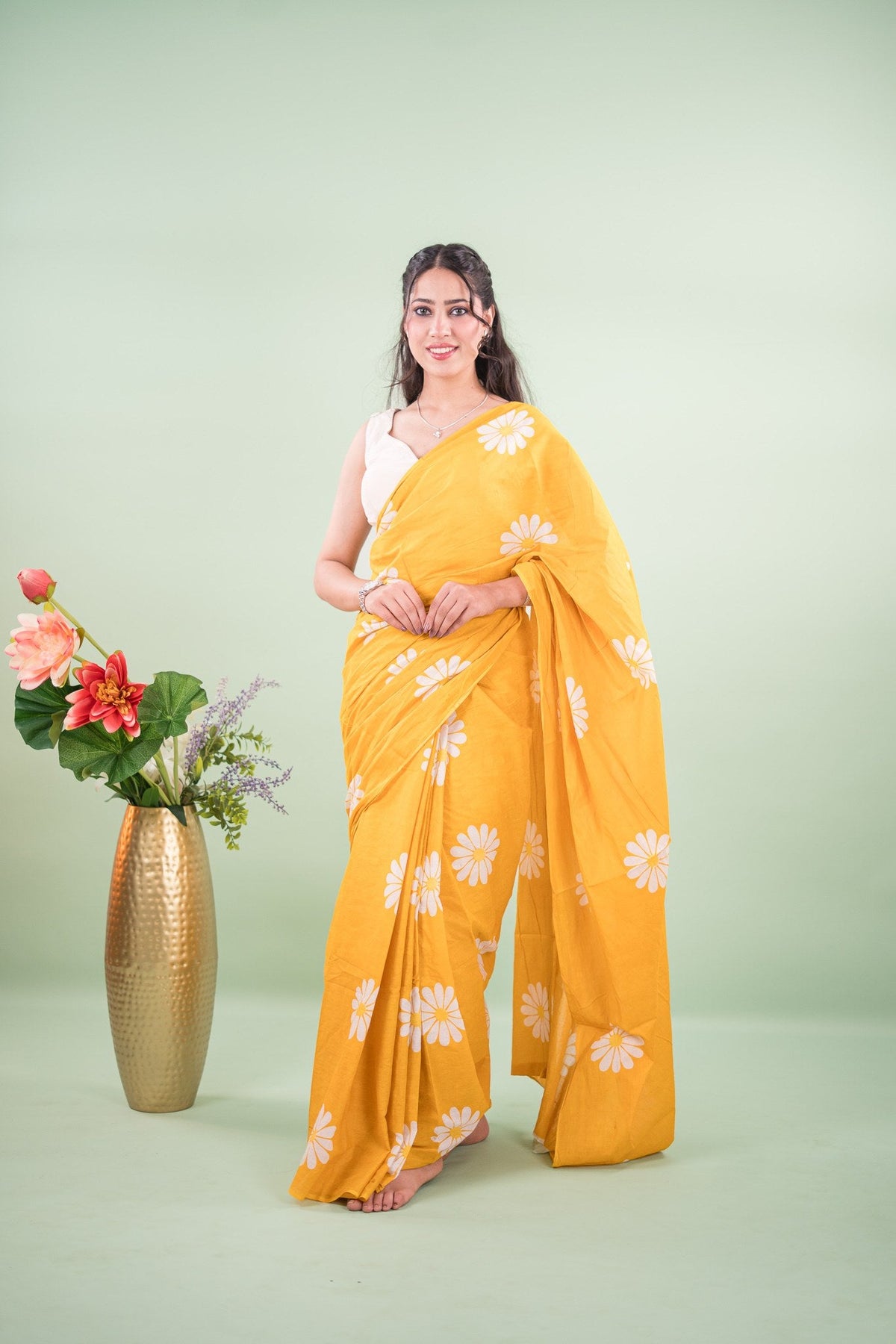 Bright Yellow Daisy Mul Mul Cotton Saree