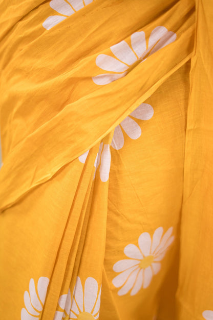 Bright Yellow Daisy Mul Mul Cotton Saree