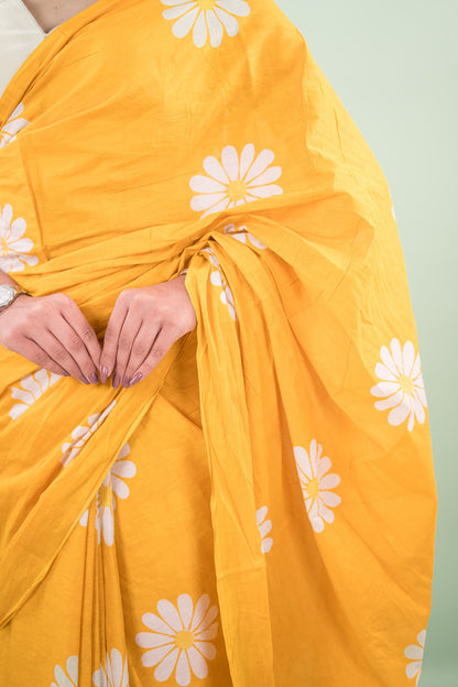 Bright Yellow Daisy Mul Mul Cotton Saree
