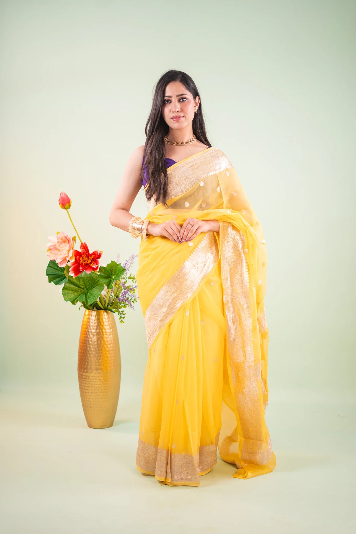 Bright Yellow Silver Zari Chiffon Saree - image 1