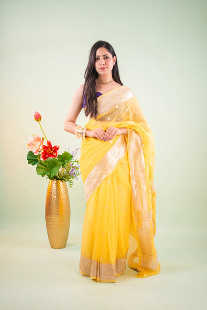 Bright Yellow Silver Zari Chiffon Saree - image 1