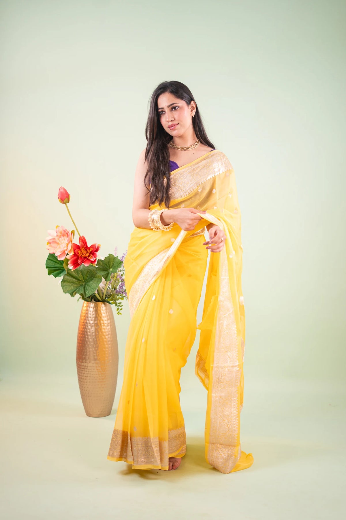 Bright Yellow Silver Zari Chiffon Saree - image 2