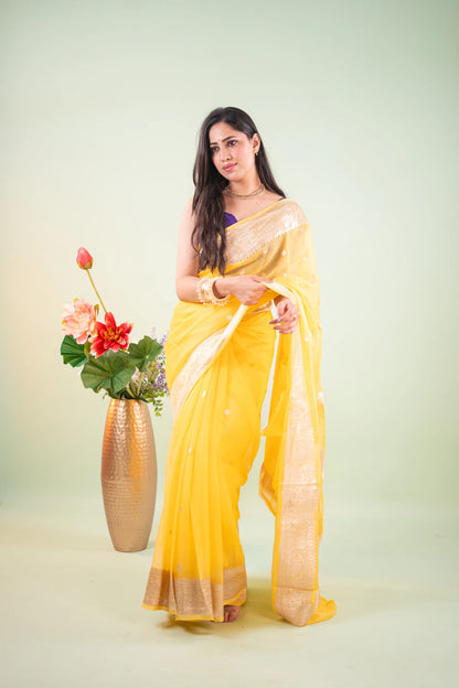 Bright Yellow Silver Zari Chiffon Saree - image 2