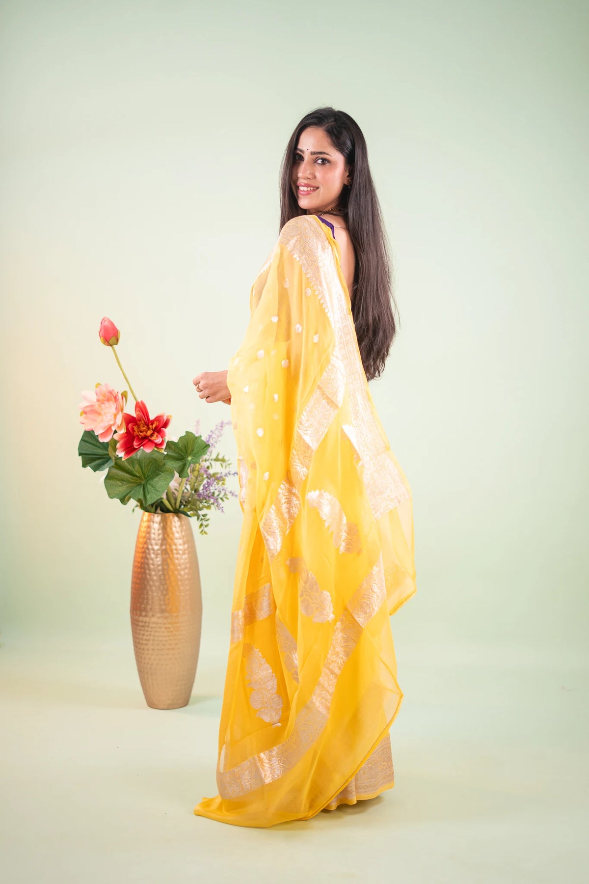 Bright Yellow Silver Zari Chiffon Saree - image 4