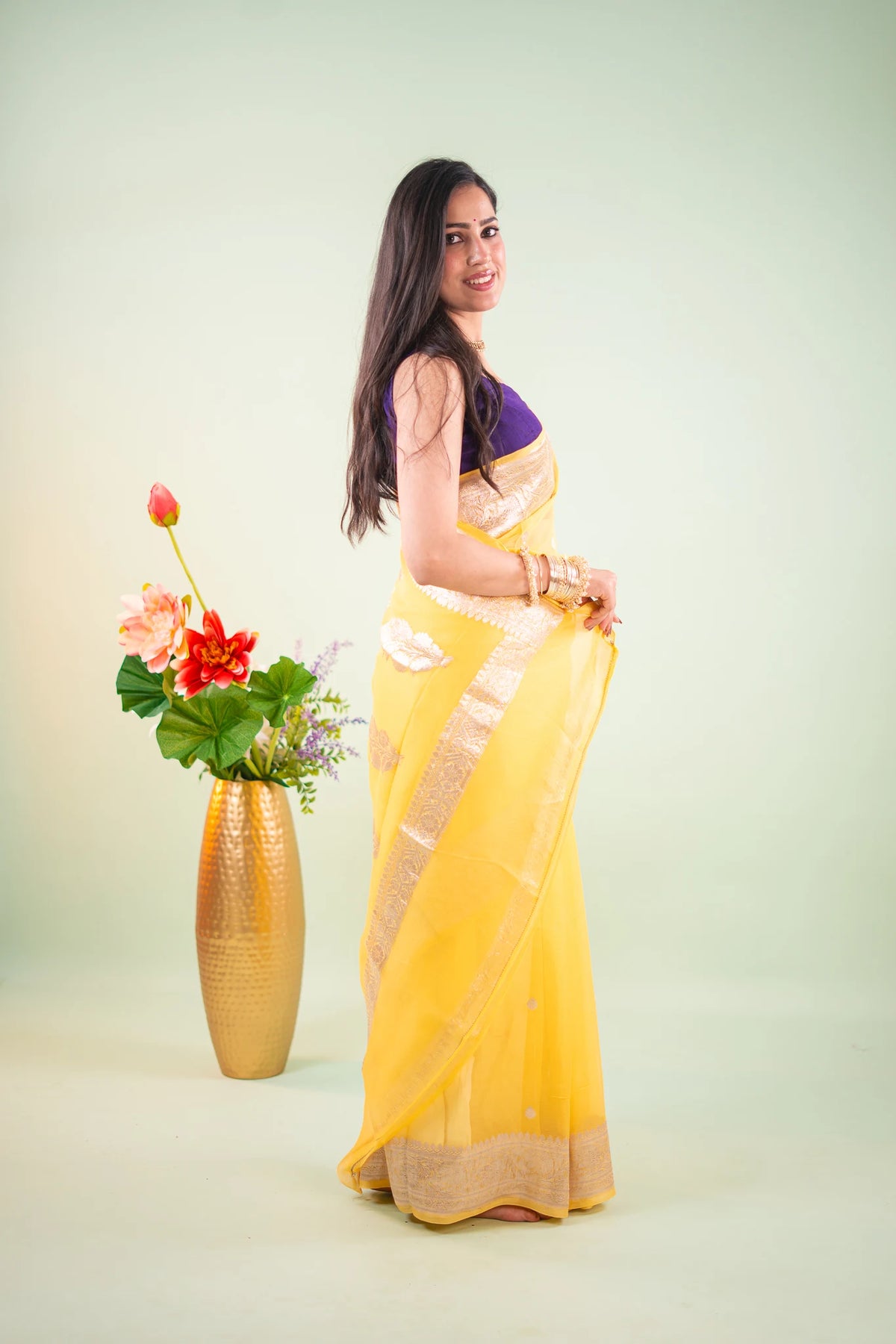Bright Yellow Silver Zari Chiffon Saree - image 5
