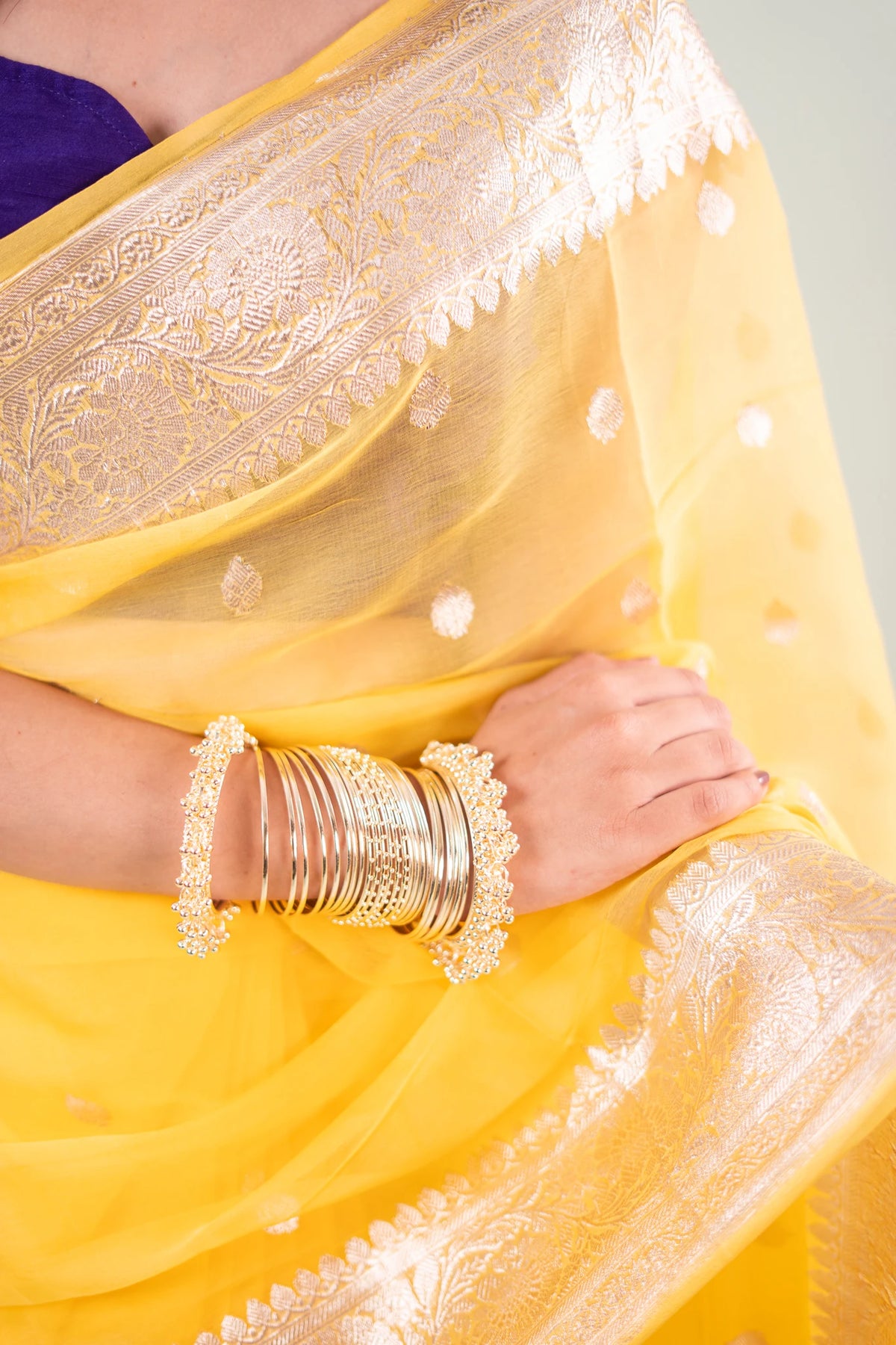 Bright Yellow Silver Zari Chiffon Saree - image 6