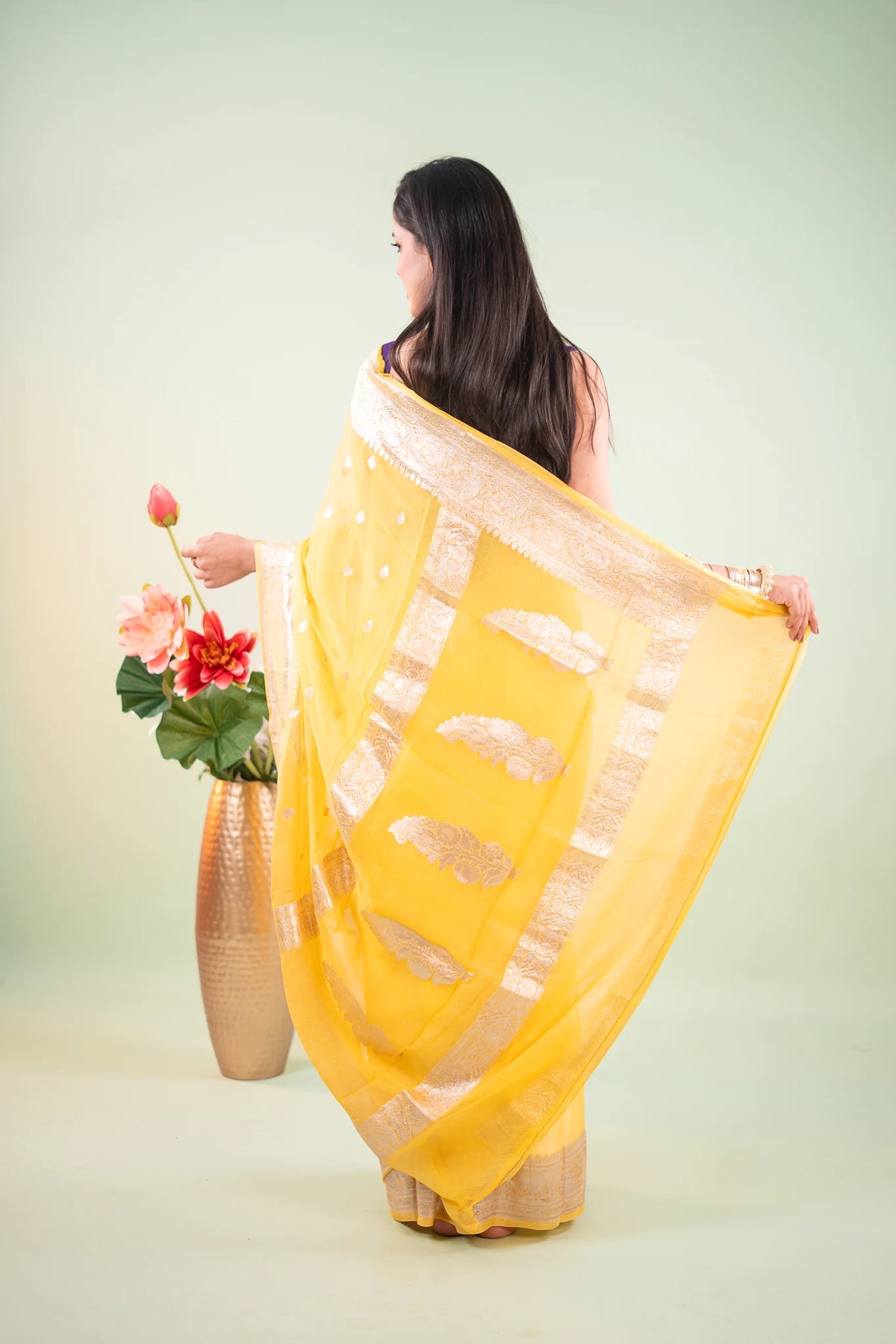 Bright Yellow Silver Zari Chiffon Saree - image 7