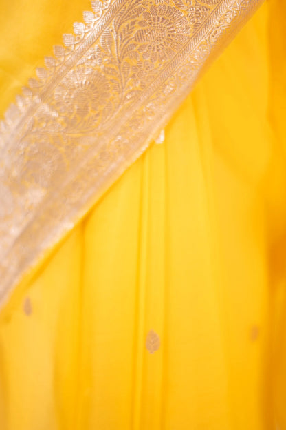 Bright Yellow Silver Zari Chiffon Saree - image 8