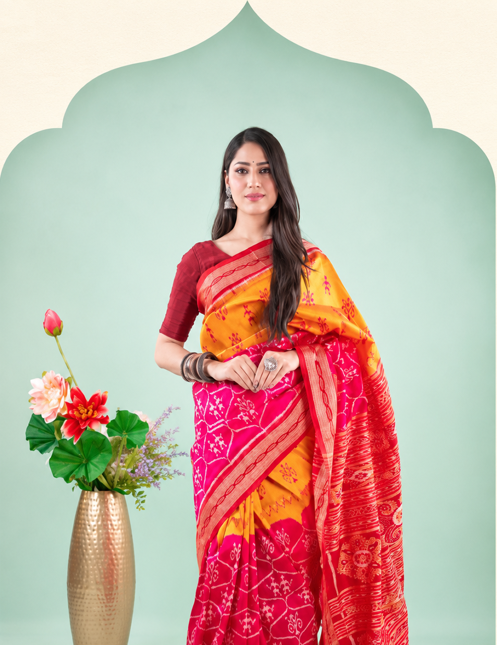 Magenta Mustard Figural Ikat Khandua Silk Saree