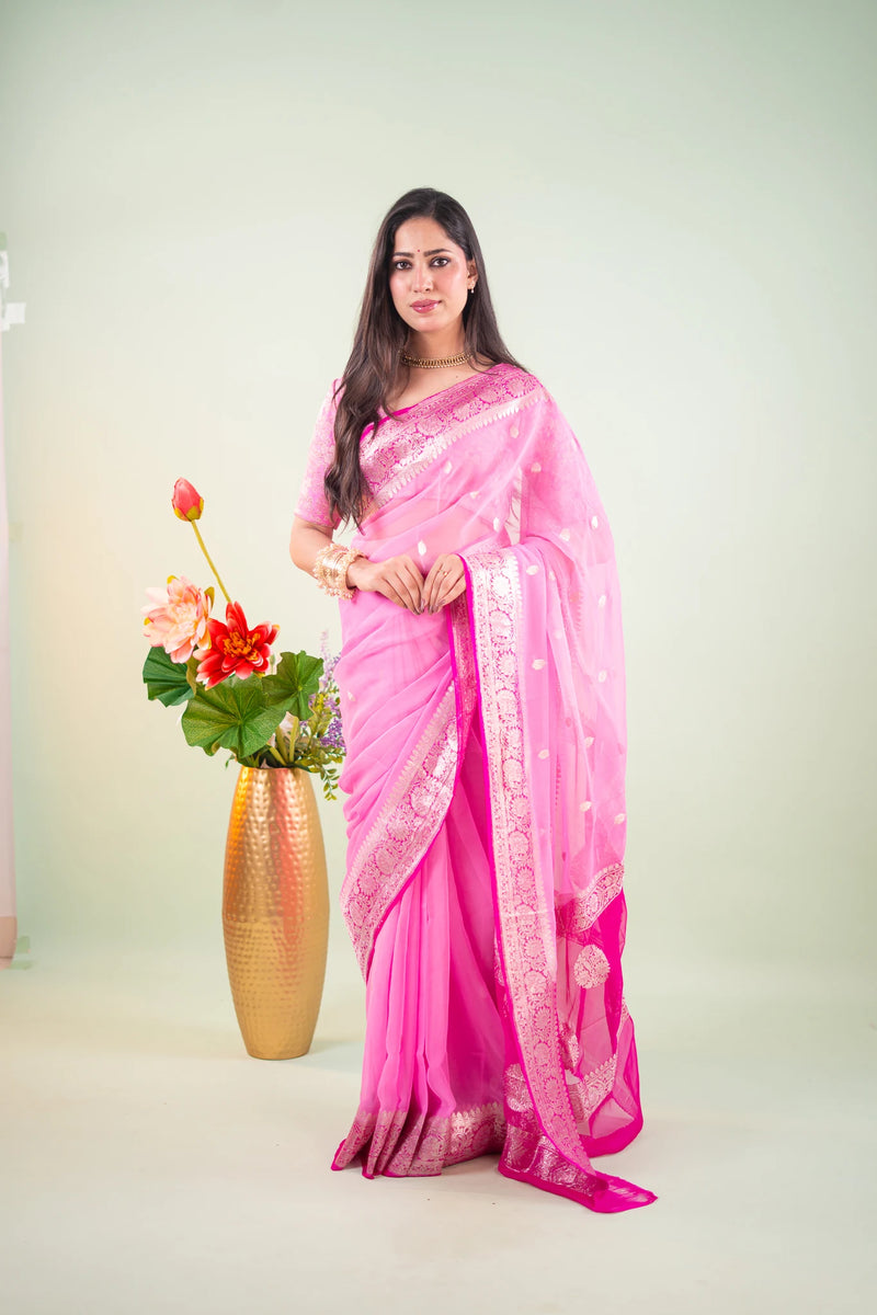 Candy Pink Plum Zari Chiffon Saree - image 1