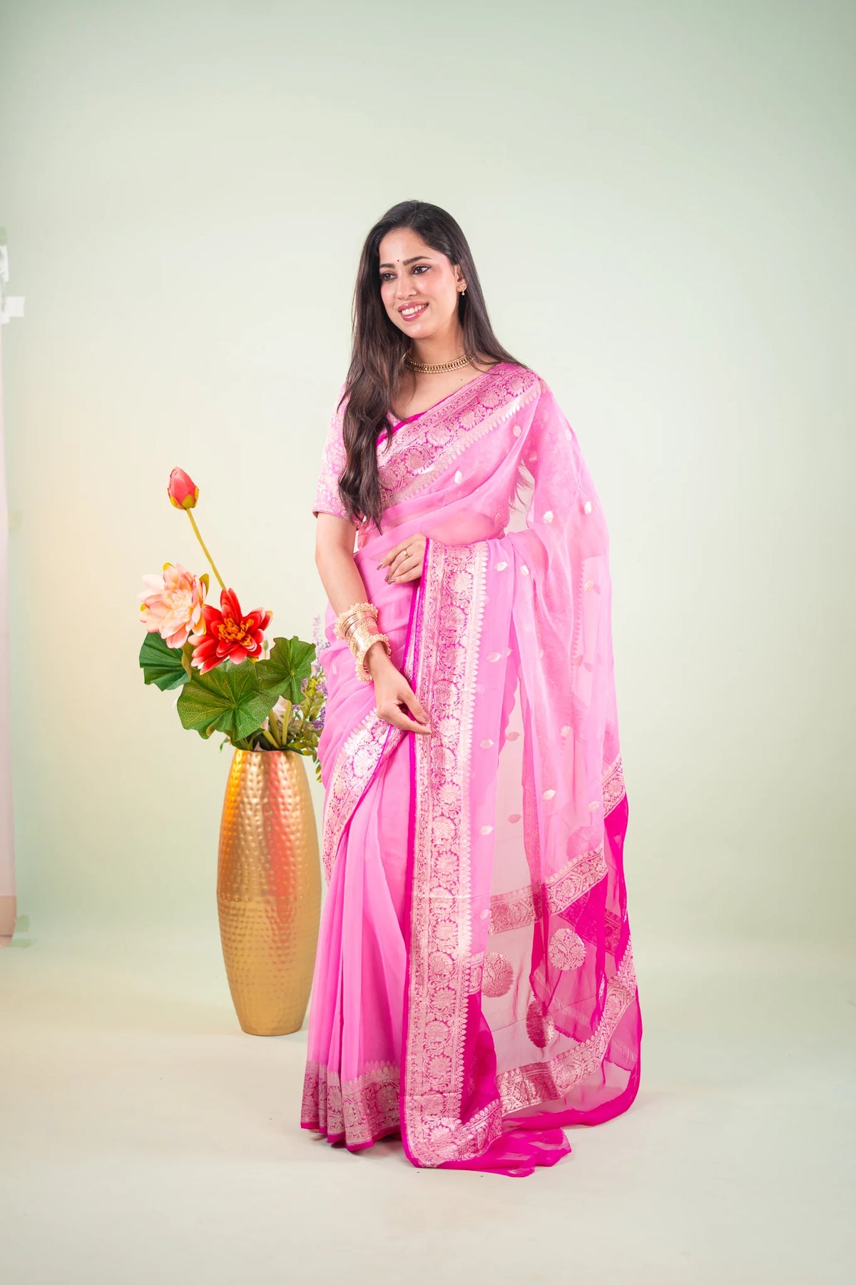 Candy Pink Plum Zari Chiffon Saree - image 2