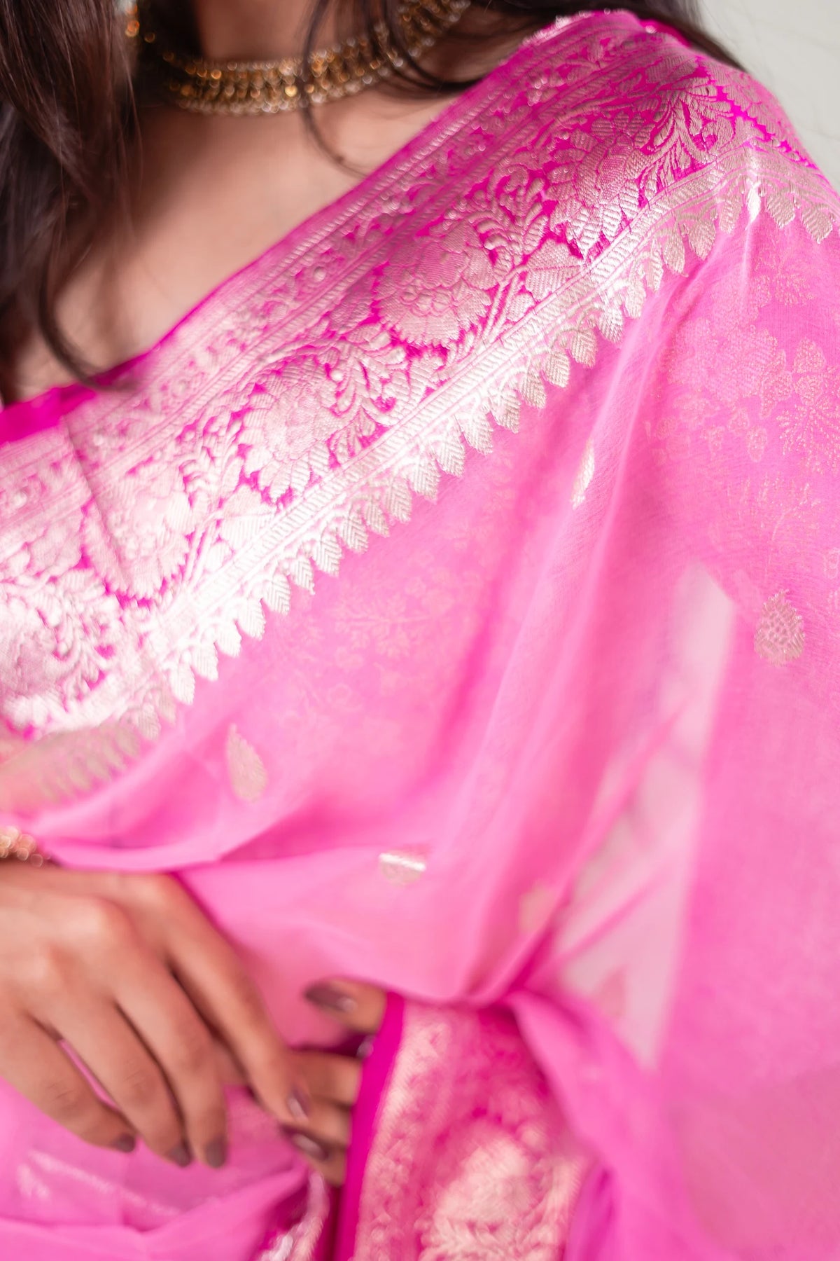 Candy Pink Plum Zari Chiffon Saree - image 3