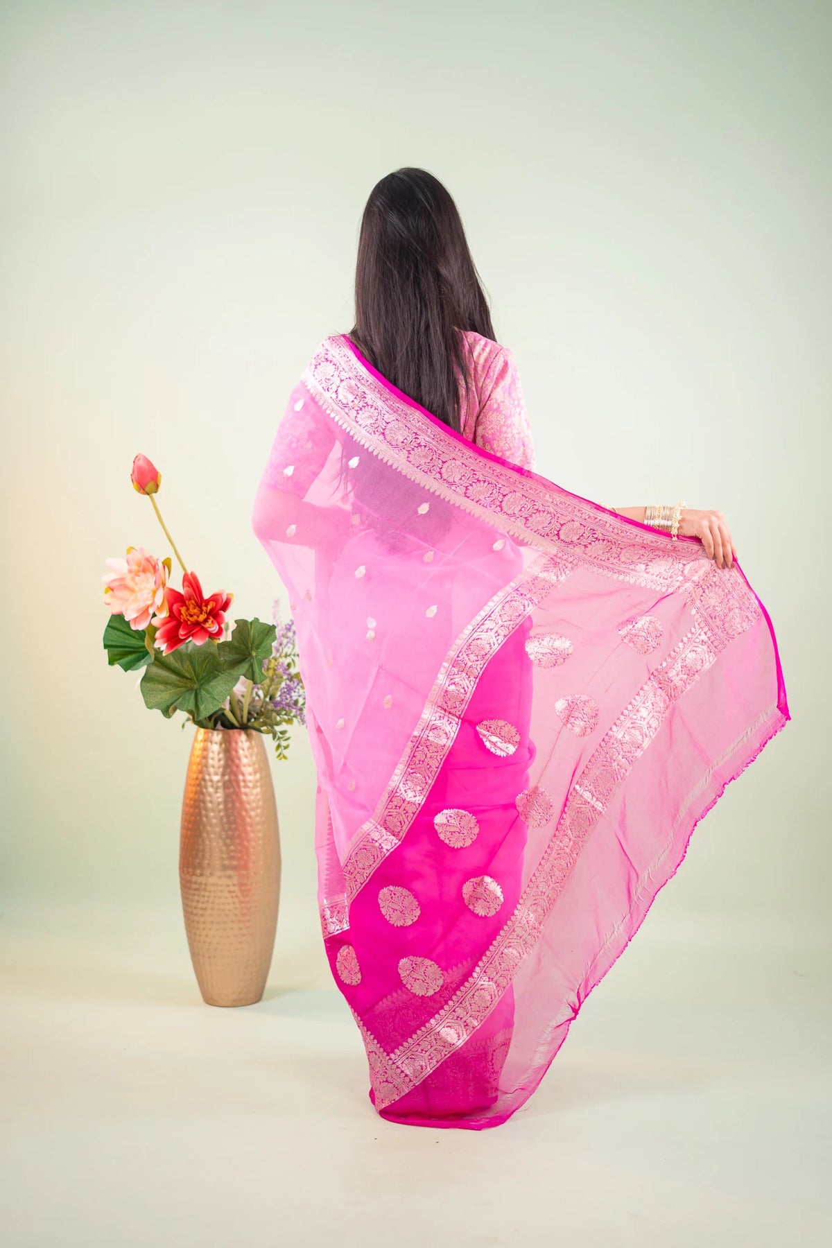 Candy Pink Plum Zari Chiffon Saree - image 4