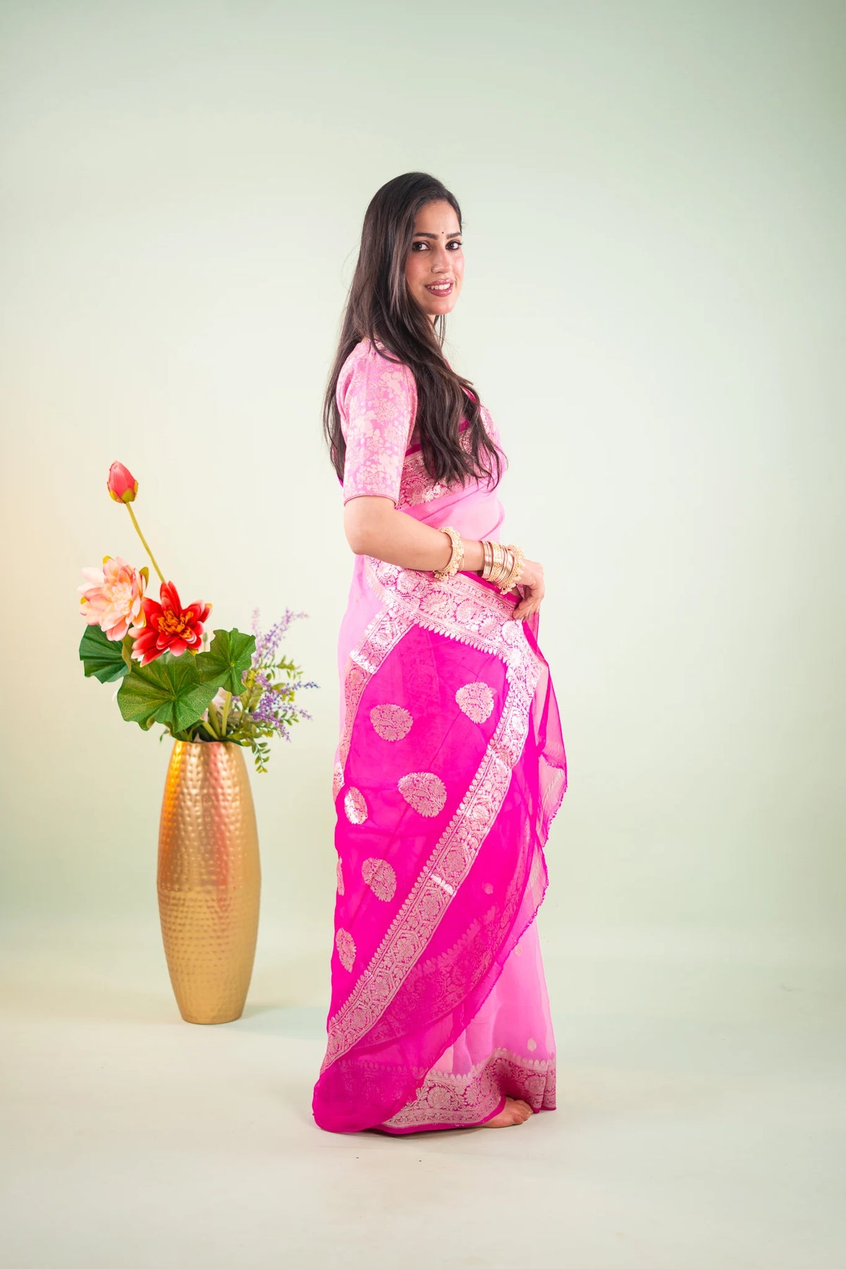 Candy Pink Plum Zari Chiffon Saree - image 7